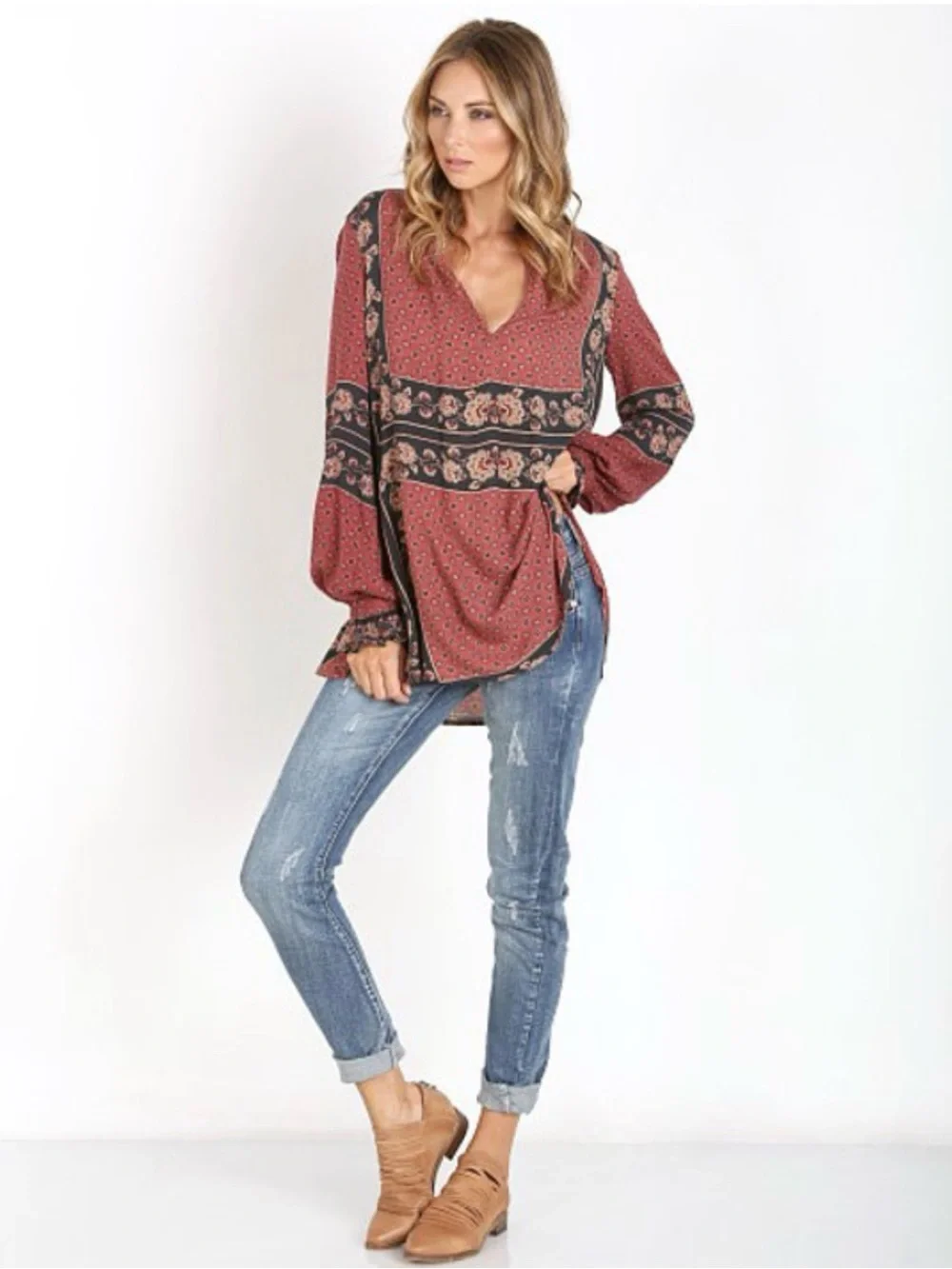 Free People Dobby Changing Times Floral Print V-Neck Blouse Size Large